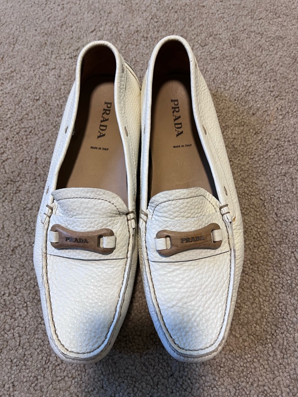 Prada White Pebbled Leather Slip-On Loafers with Tan Hardware
